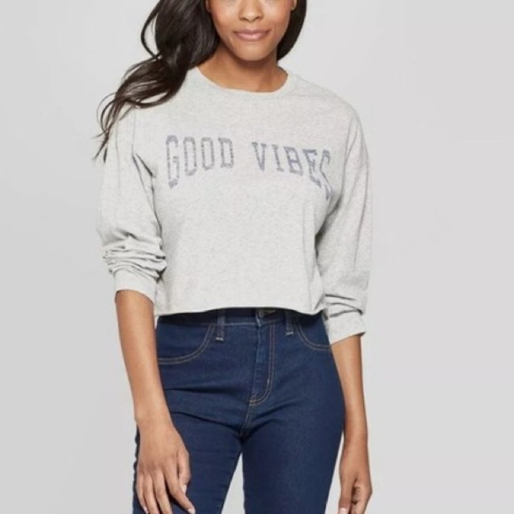 Grayson Threads “Good Vibes” (XL) cropped long sleeve T-shirt in grey